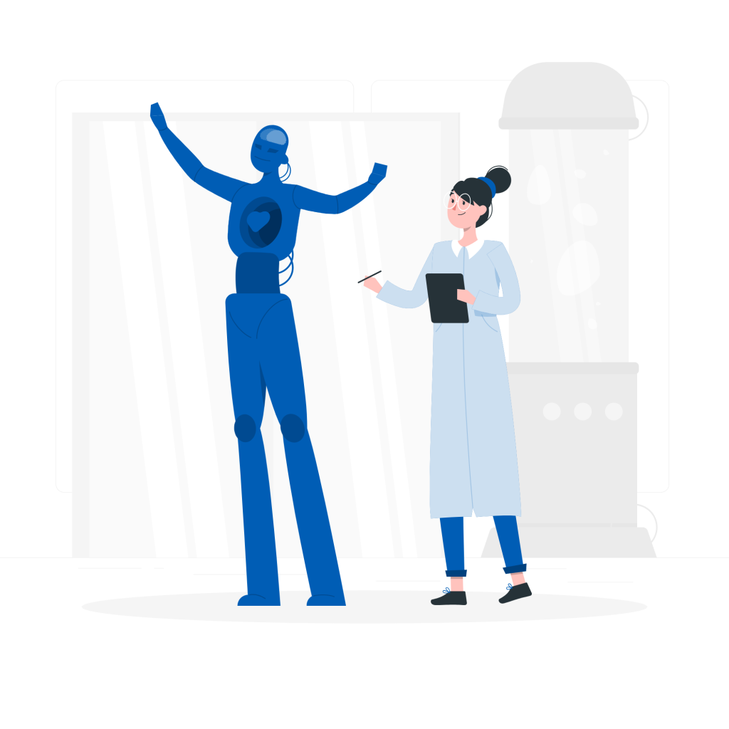 Person kneeling before a glowing robot to represent blind trust in AI